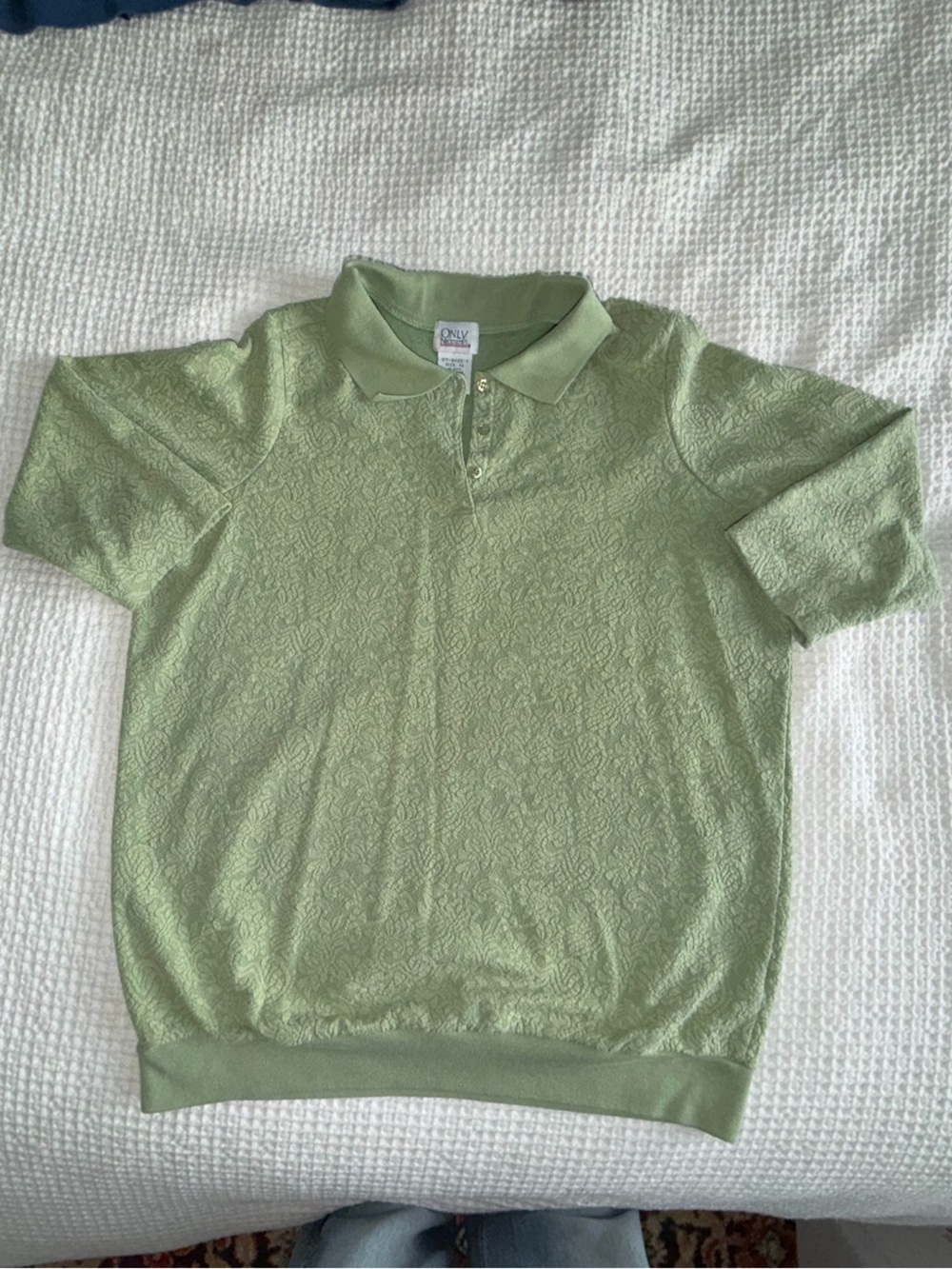 Light Green Textured Knit Polo Top quarter button